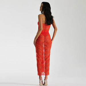 European American Style Strapless Hollow Long Dress For Women Translucent Mesh Splicing Evening Dress Natural Waistline - Product Image 4