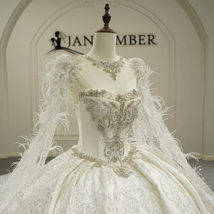 GT26012 Nouvelle Robe de Mariée Longue en Satin à Manches Longues, Dentelle Lourde, Plumes, Manches Bouffantes, Appliques Modernes, Dos Nu, Longueur Ras du Sol - Product Image 3