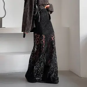 已经制造出最新设计的2024女裙拉链双层透视马克西夏季黑色蕾丝长裙