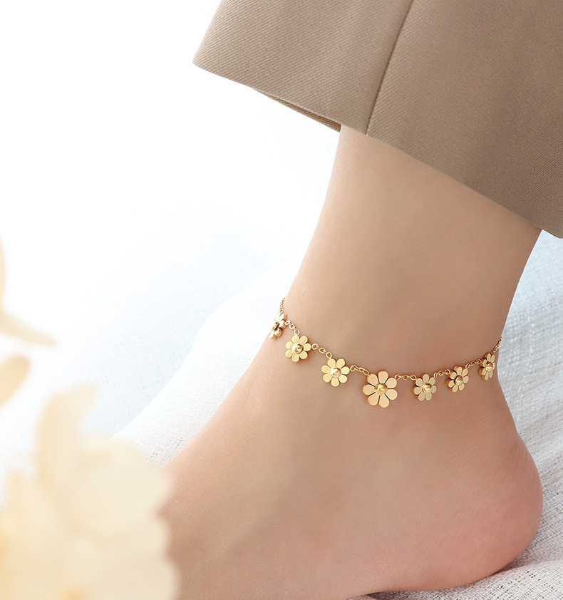 Fashion Daisy Petal Anklet Stainless Steel Plated 18k Gold Non Fading Anklet In Stock Wholesale