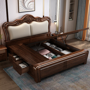 เตียงคู่สไตล์อเมริกัน ขนาด 180x200 ซม. ทำจากไม้วอลนัท พร้อมที่เก็บของและที่นอน สำหรับห้องนอนใหญ่ - Product Image 1