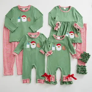Girlymax 2022圣诞绿色格子圣诞老人热卖长袖男童女童婴儿连体裤兄弟姐妹装