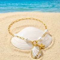 Collier Pendentif Étoile de Mer en Acier Inoxydable Plaqué Or 18 carats avec Perle et Coquille d'Ormeau Style Océan pour Femme