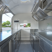 Remorque alimentaire mobile robuste à 4 roues avec corps incurvé, en aluminium, plusieurs trapèzes de service, plan de travail en acier inoxydable, pour snacks et bonbons