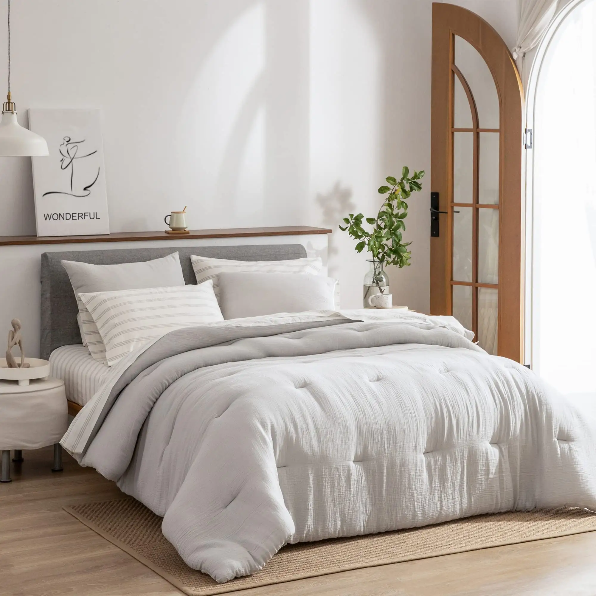QSY pamuk yorgan yatak setleri, bir çantada gri yatak, yorgan seti ve gri çizgili levha seti ile yumuşak sıcak yatak setleri