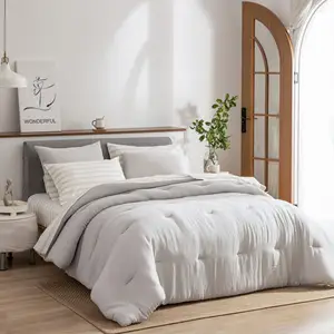 QSY 면 이불 침구 세트, 가방에 회색 침대, 이불 세트와 회색 줄무늬 시트가 있는 부드럽고 따뜻한 침대 세트