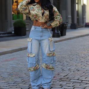 Güz yeni moda kısa çiçek üst ceket çok cep Denim kargo pantolon kadın rahat 2 parça Set Sehe moda - Product Image 6