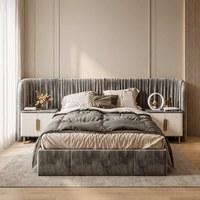 Lit double en tissu gris minimaliste de style italien, en bois de pin, avec tête de lit large plissée et capitonnée, pour chambre principale