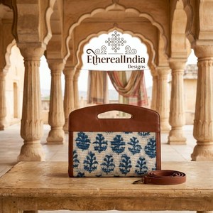 Sac pour ordinateur portable en coton imprimé indigo, sac fourre-tout de bureau structuré avec poignée en cuir, vente en gros, fournisseur d'exportation Inde - Product Image 6