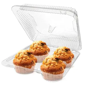 Large 4 Compartment Clear OPS Hinged Jumbo Cupcake / Muffin Container