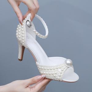 8cm Boca de pescado Tacón alto fino Imitación Perla Satén Hebilla Sandalias Boda Zapatos de novia - Product Image 3