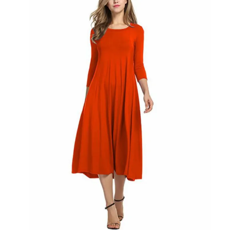 FK Europe And America Wholesale Fashion O-Neck 3/4 Sleeve Casual Solid Color Simple Skirt Women Dress