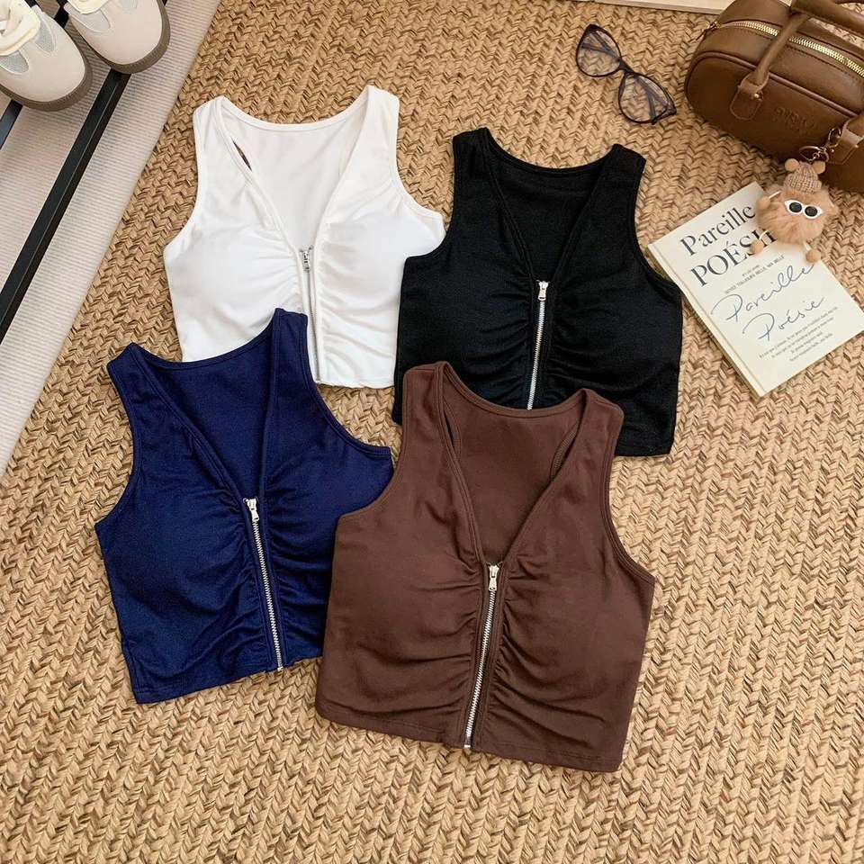 Women's Front Zipper Wireless Padded Sports Bra Pilates Yoga Racerback Vest Summer Frisbee Training Fitness Vest Cropped Top