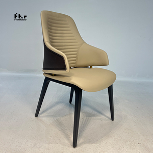 Modern Khaki PU Leather <b>Dining</b> Armchair Black Metal Legs Ribbed Back Upholstered <b>Chair</b> for Restaurant Hotel - Product Image 2