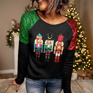 Pull de Noël pour femme à sequins, motif Casse-Noisette, manches longues, col rond, haut décontracté d'hiver, imprimé pailleté sur le devant - Product Image 5