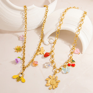 Collier pendentif abeille en acier inoxydable, chaîne de clavicule en pierre naturelle colorée, bijoux de mode - Product Image 4