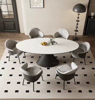 Ensemble table et chaises de salle à manger ovales en marbre beige et verre, style royal moderne de luxe, stable pour la maison, l'hôtel, le restaurant, export Foshan