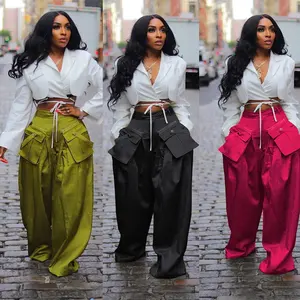 New Arrival High Waist Cargo Pants Satin Women Clothes 2024 Streetwear Pants With Pockets Ladies Wide Leg Cargo Pants Woman