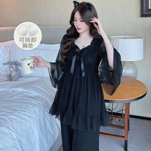Pajamas Women Suit with Bows Sexy Lace <strong>Nightdress</strong> Mesh Elegant Sweet Solid Girl <strong>Black</strong> Sleepwear Long Sleeved Home Clothes - Product Image 3