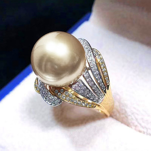 T0667 Women's Cocktail <b>Ring</b> With Seawater <b>Pearl</b> Round Brilliant Cut Diamond Pave Setting Fine Jewelry Gift - Product Image 2