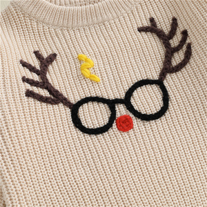Basso MOQ ricamo personalizzato produttore autunno maglioni bambino corno <span class=keywords><strong>di</strong></span> <span class=keywords><strong>cervo</strong></span> occhiali ricami manica lunga per bambini maglia top maglione - Product Image 4
