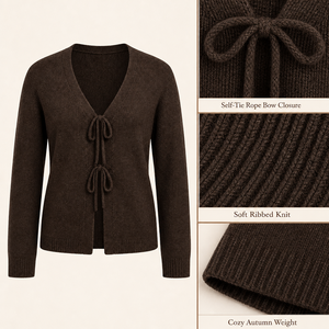 <span class=keywords><strong>Cardigan</strong></span> Elegante da Donna in Maglia <span class=keywords><strong>Marrone</strong></span> Scuro con Scollo a V e Laccio Frontale, Manica Lunga, Personalizzabile OEM ODM - Product Image 6