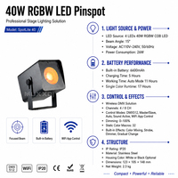 Projecteur LED COB RVBW 40W sur batterie, sans fil DMX et télécommande, rechargeable, pour location événementielle et mariages