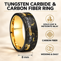 Bague de mariage pour homme en carbure de tungstène noir 8 mm avec incrustation feuille d'or et météorite, bijoux personnalisés en gros OEM/ODM