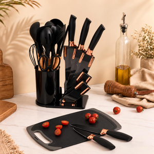 19 Piece Silicone <b>Wooden</b> Handle <b>Kitchen</b> Utensils <b>Sets</b> Stainless Steel <b>Kitchen</b> Knife <b>Sets</b> with Cutting Board Cooking Tools <b>Sets</b> - Product Image 5