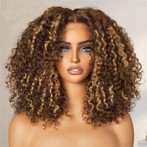 Perruques en dentelle frontale afro bouclées, décolorées, crépues, cheveux vierges, longueur moyenne, couleur brun/<span class=keywords><strong>blond</strong></span>, 0,2 kg - Product Image 2