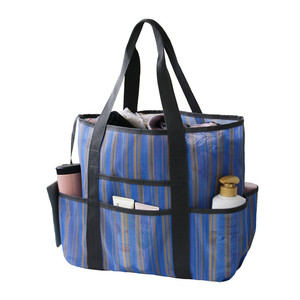 Striped <b>Beach</b> Mesh Tote <b>Bag</b> Blue Black Stripes 4-6 Compartments Portable Versatile Shoulder <b>Bag</b> <b>For</b> Travel Laundry Summer Use - Product Image 1