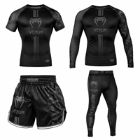 Ensemble 4 pièces noir et argent : short de boxe, maillot de compression, pantalon d'entraînement MMA 100% polyester extensible à séchage rapide, logo personnalisé OEM ODM