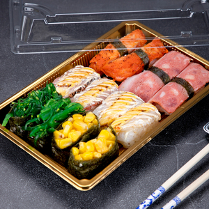 Boîte d'emballage <span class=keywords><strong>alimentaire</strong></span> pour sushis à emporter, personnalisée et imprimée, plateau à sushis en <span class=keywords><strong>plastique</strong></span> jetable avec couvercle transparent anti-buée - Product Image 6