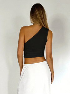 Canotta in tinta unita a spalla singola aperta sul retro plissettata Y2k per donne estate una spalla Crop <span class=keywords><strong>Top</strong></span> - Product Image 2