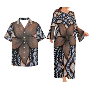 Hawaiiaanse Tropische Stijl Mannen Shirts En Uitlopende Mouw Lange Jurk Hoge Kwaliteit Custom Paar Pak Plus Size Vrouwen Kleding