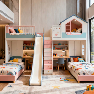 <span class=keywords><strong>Lit</strong></span> superposé pour enfants <span class=keywords><strong>avec</strong></span> maisonnette dans les arbres, rose <span class=keywords><strong>et</strong></span> bleu contrastés, <span class=keywords><strong>avec</strong></span> <span class=keywords><strong>bureau</strong></span> en dessous <span class=keywords><strong>et</strong></span> <span class=keywords><strong>toboggan</strong></span> pour plusieurs enfants - Product Image 1
