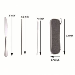Ensemble d'ustensiles de voyage réutilisables avec logo personnalisé, fourchette, cuillère, couteau, baguettes et paille en acier inoxydable, avec pochette zippée, pour cadeaux événementiels - Product Image 3