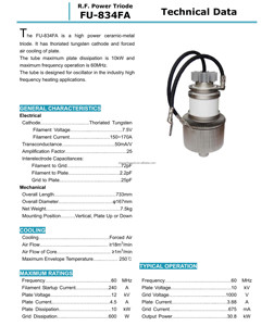 หลอดออสซิลเลเตอร์อิเล็กตรอนไตรโอด RF รุ่น FU-834FA ของแท้จากปักกิ่ง ประเทศจีน สำหรับเครื่องความถี่สูง - Product Image 3
