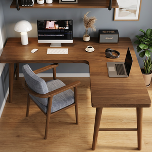 Modern Minimalist Wooden L-Shaped Computer Table Set Featuring Large Workspace and Stylish Grey Fabric Chair Made in Indonesia - Product Image 3