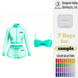 Completo Estivo da <span class=keywords><strong>Donna</strong></span> in 3 Pezzi, Tuta Sportiva Personalizzata, Top Bralette, Giacca e Pantaloncini in Colori Contrastanti - Product Image 2