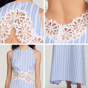 Robe d'été 2025 pour femme, style boutique, respirante, tissée, avec dos ajouré à la française, empiècements en dentelle, rayée, coupe trapèze, sans manches, style doux, vente en gros - Product Image 2