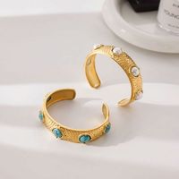 Gelang J&D Vintage Lapis Emas 18K Rantai Baja Anti Karat Motif Palu Terbuka Unisex Trendi Turquoise Modis