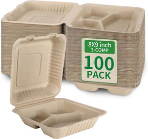 Contenedores de comida para llevar de 8 pulgadas con 3 compartimentos, tipo bento, de almidón de maíz biodegradable y bagazo, para restaurante. - Product Image 1