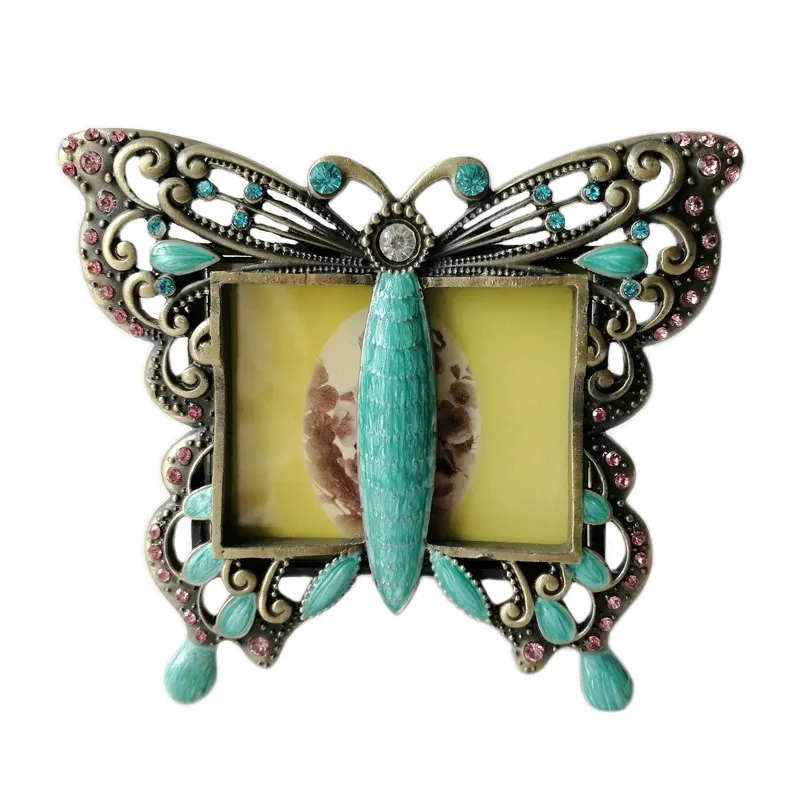 Bingkai foto gambar atas meja paduan seng logam kupu-kupu perhiasan hijau perunggu antik