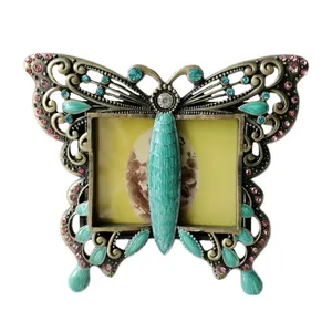 Antique Bronze Green Jeweled Butterfly Metal Zinc Alloy Tabletop Picture Photo Frame