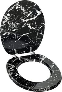 <strong>Black</strong> Marble Grain <strong>Wood</strong> <strong>Toilet</strong> <strong>Seat</strong>, Elongated Soft Close MDF <strong>Toilet</strong> Lid with Stainless Steel Hinges - Product Image 2