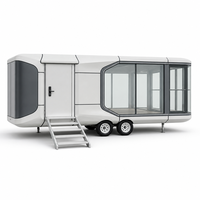 Capsule spatiale modulaire moderne, maison préfabriquée, coque en alliage d'aluminium, verre trempé panoramique incurvé, cabine mobile panoramique