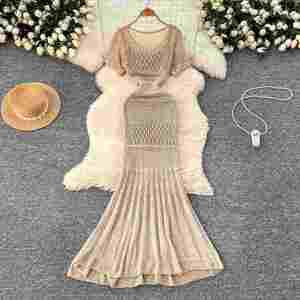 Robe midi décontractée coréenne d'été pour femme en polyester/coton, style empire, avec dentelle ajourée, tricotée, à bretelles spaghetti, manches courtes, imprimé numérique - Product Image 4