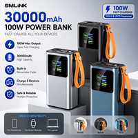 Batterie externe 30000mAh 100W à charge rapide avec câble rétractable, chargeur portable pour ordinateur portable, smartphone, montre connectée OEM ODM