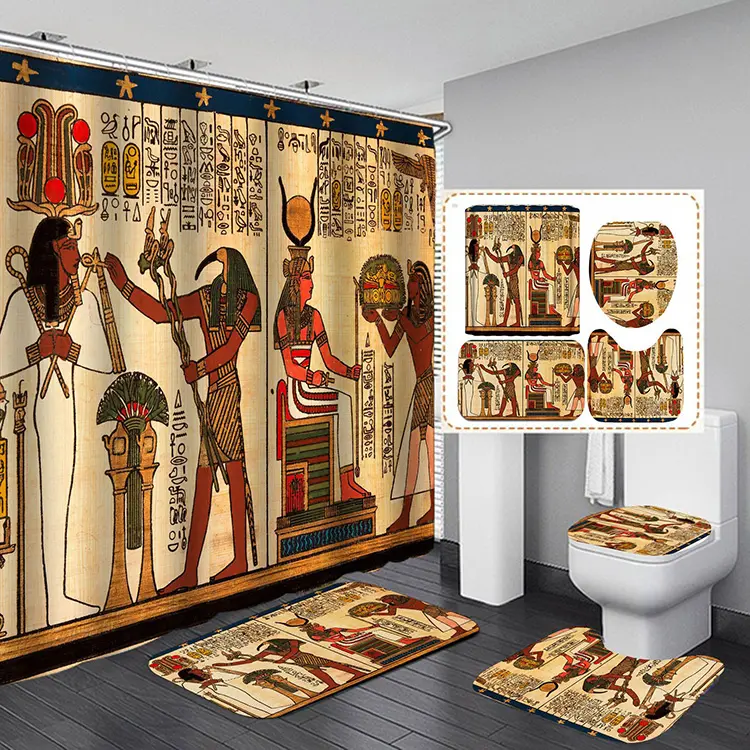 Grèce antique indien Maya salle de bain 4 pièces étanche impression Vintage égyptien rideaux de douche et ensemble de tapis de toilette